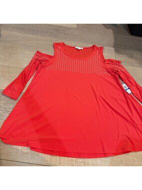 CHAUS NEW YORK WOMENS XL CORAL SILVER STUDDED COLD SHOULDER BLOUSE NEW